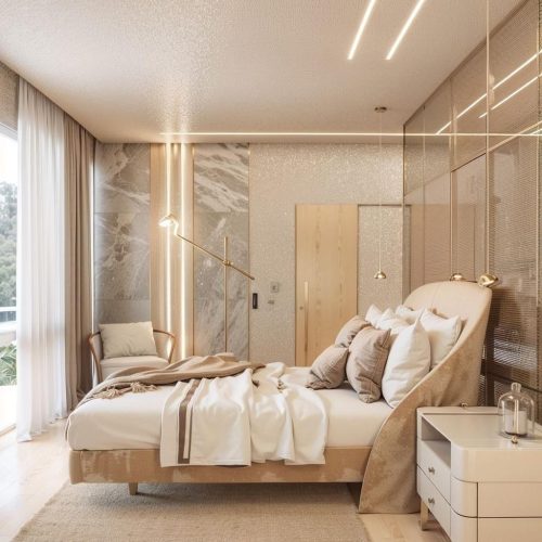 Este quarto belíssimo tem Perfis LHD dourados unindo revestimentos e complementando a decoração! Reprodução/Instagram @tamiresarquitetura
